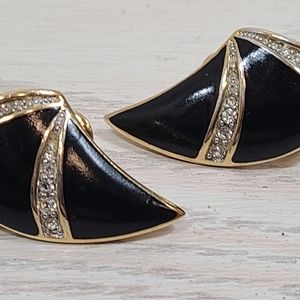 Vintage Monet Gold Tone Pierced Earrings w/Black Enamel And Clear Rhinestones